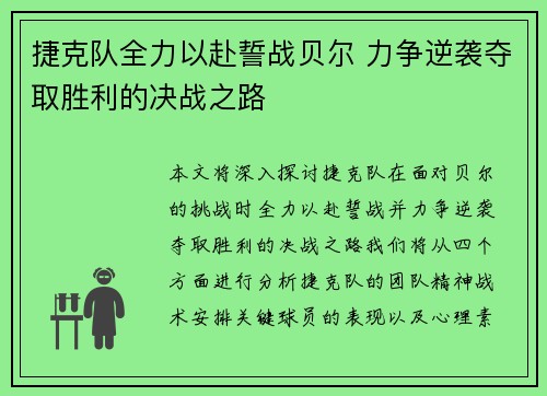 捷克队全力以赴誓战贝尔 力争逆袭夺取胜利的决战之路