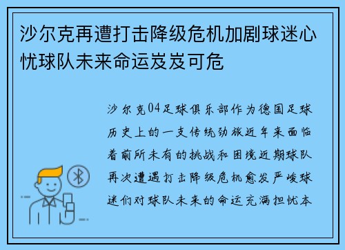沙尔克再遭打击降级危机加剧球迷心忧球队未来命运岌岌可危