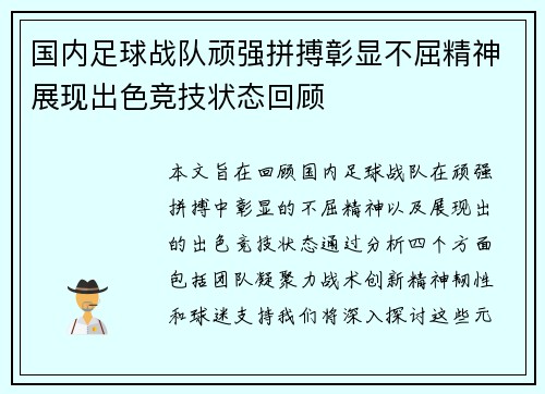 国内足球战队顽强拼搏彰显不屈精神展现出色竞技状态回顾