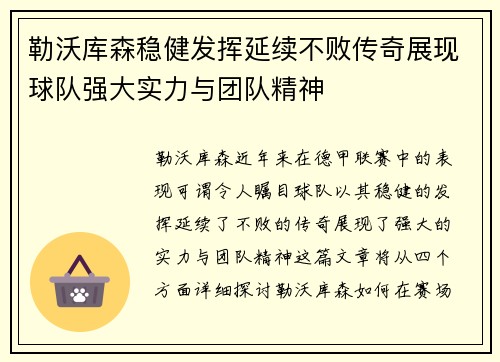勒沃库森稳健发挥延续不败传奇展现球队强大实力与团队精神