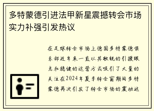 多特蒙德引进法甲新星震撼转会市场实力补强引发热议