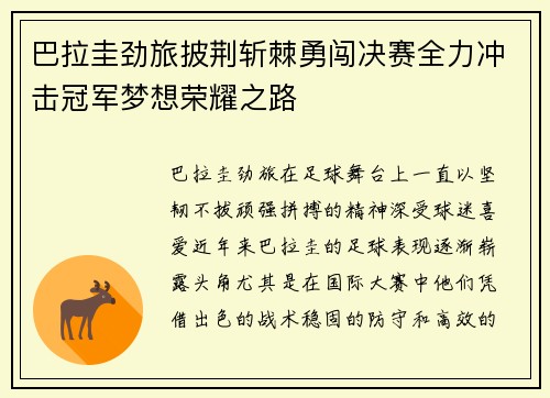 巴拉圭劲旅披荆斩棘勇闯决赛全力冲击冠军梦想荣耀之路