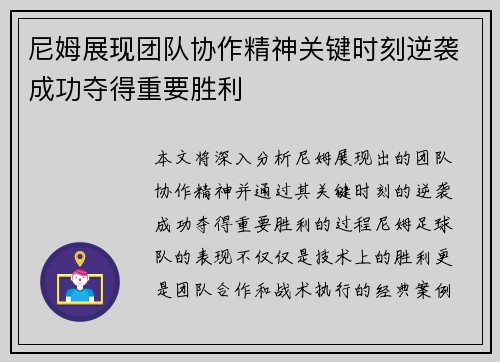尼姆展现团队协作精神关键时刻逆袭成功夺得重要胜利