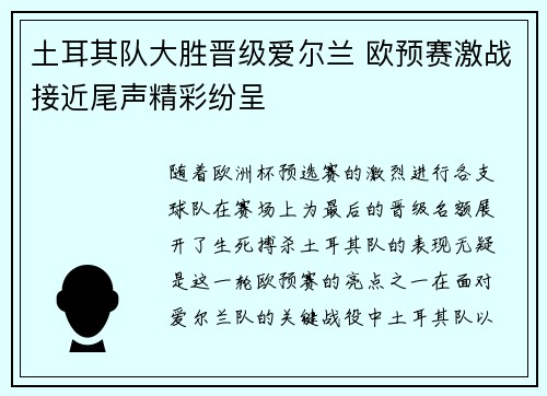 土耳其队大胜晋级爱尔兰 欧预赛激战接近尾声精彩纷呈