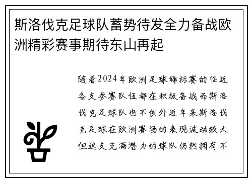 斯洛伐克足球队蓄势待发全力备战欧洲精彩赛事期待东山再起