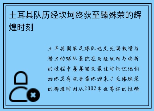 土耳其队历经坎坷终获至臻殊荣的辉煌时刻