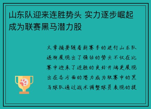 山东队迎来连胜势头 实力逐步崛起 成为联赛黑马潜力股