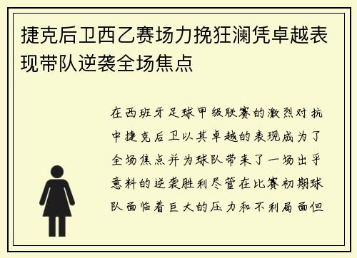 捷克后卫西乙赛场力挽狂澜凭卓越表现带队逆袭全场焦点