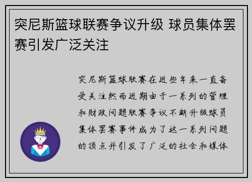突尼斯篮球联赛争议升级 球员集体罢赛引发广泛关注