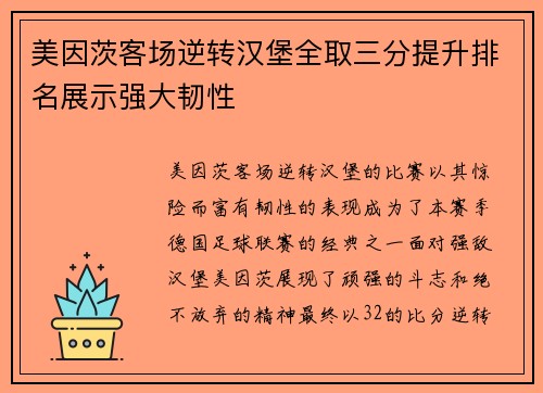 美因茨客场逆转汉堡全取三分提升排名展示强大韧性