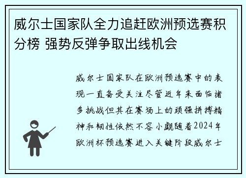 威尔士国家队全力追赶欧洲预选赛积分榜 强势反弹争取出线机会
