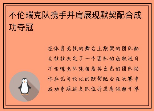 不伦瑞克队携手并肩展现默契配合成功夺冠